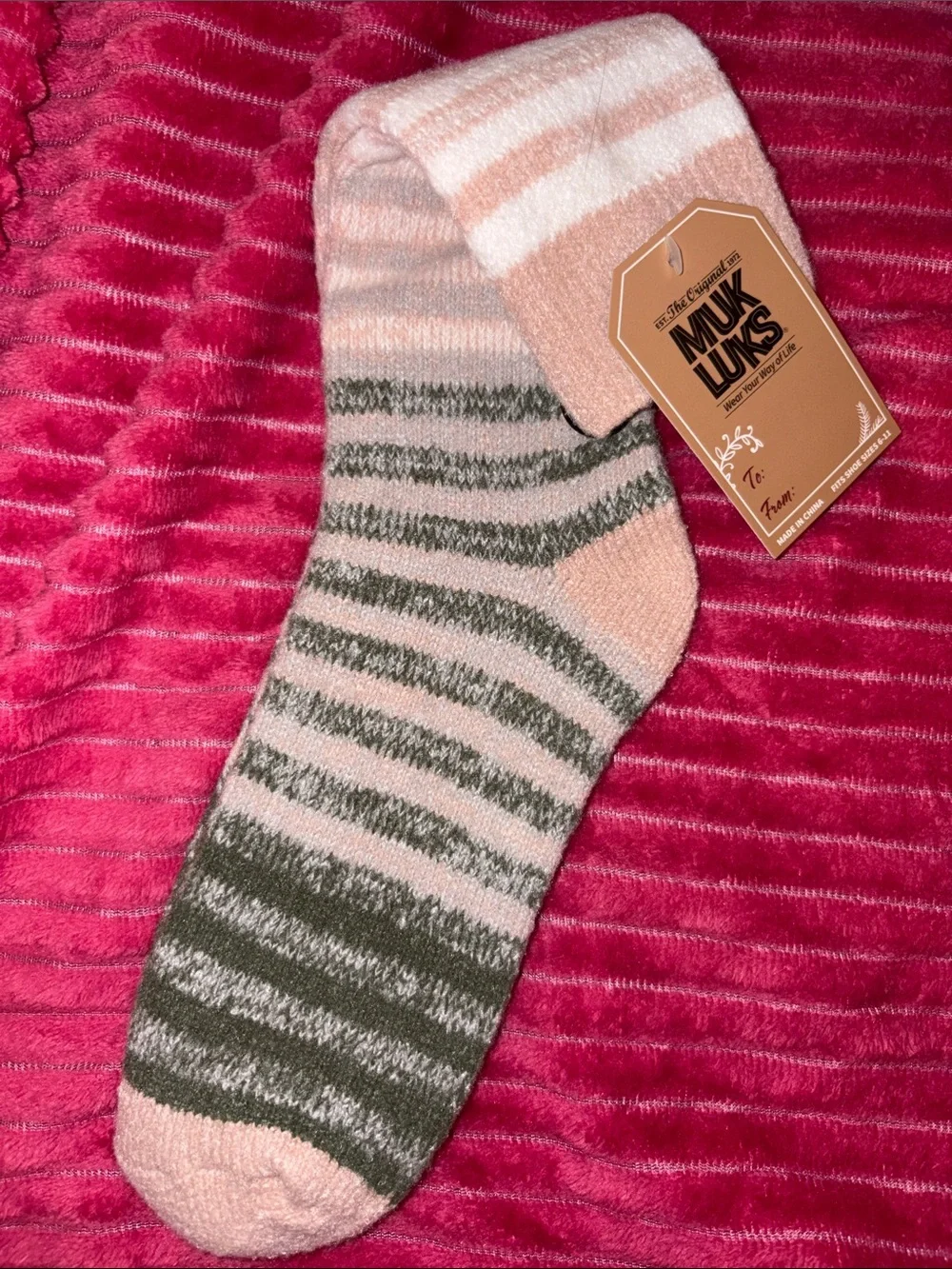 Muk Luks Pink & Olive Striped Cozy Crew Socks Size 6-11